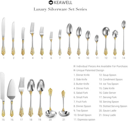 Luxury 21-piece silverware set with gold accents including knives, forks, spoons in elegant design by Keawell