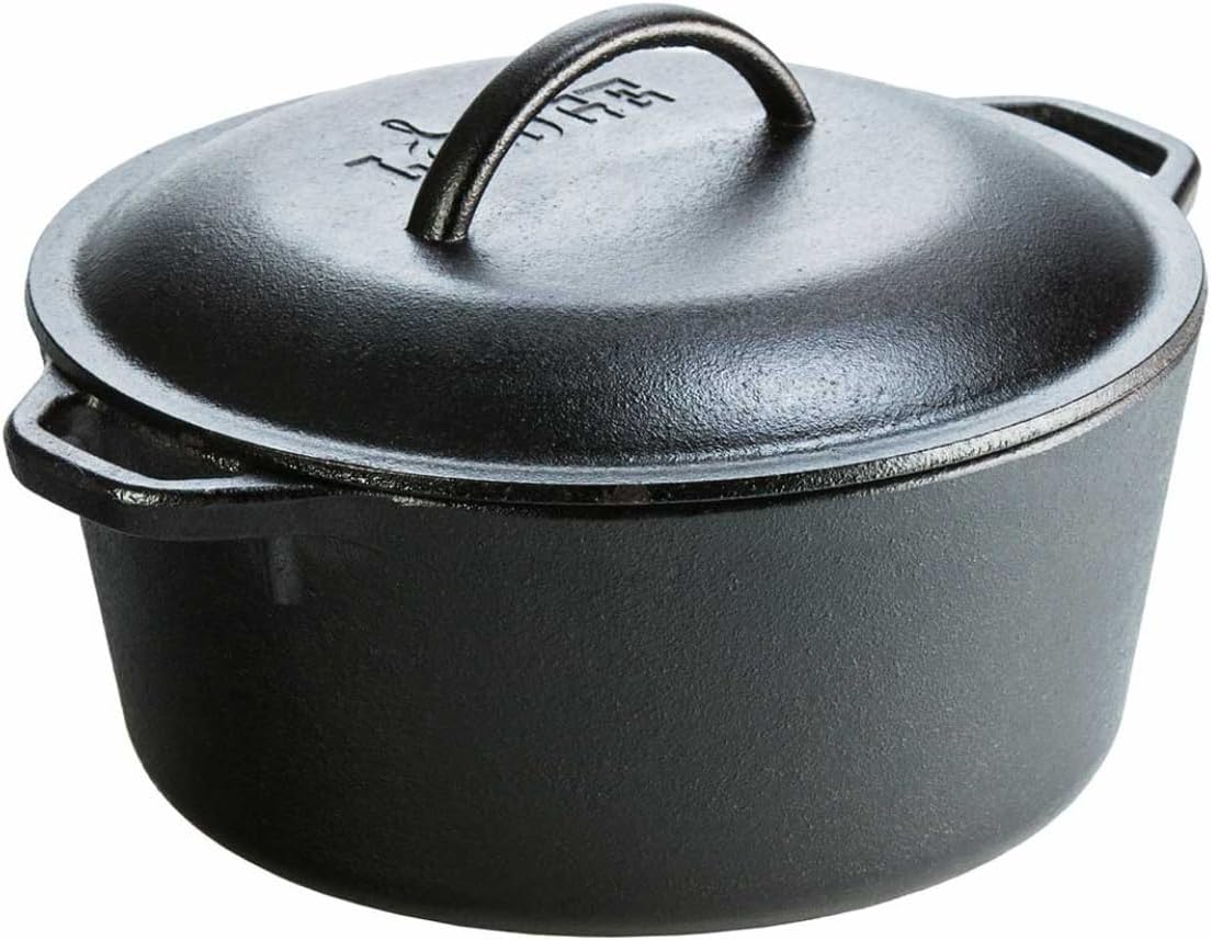 Made in USA 5 quart cast iron double Dutch oven on a modern kitchen stove.