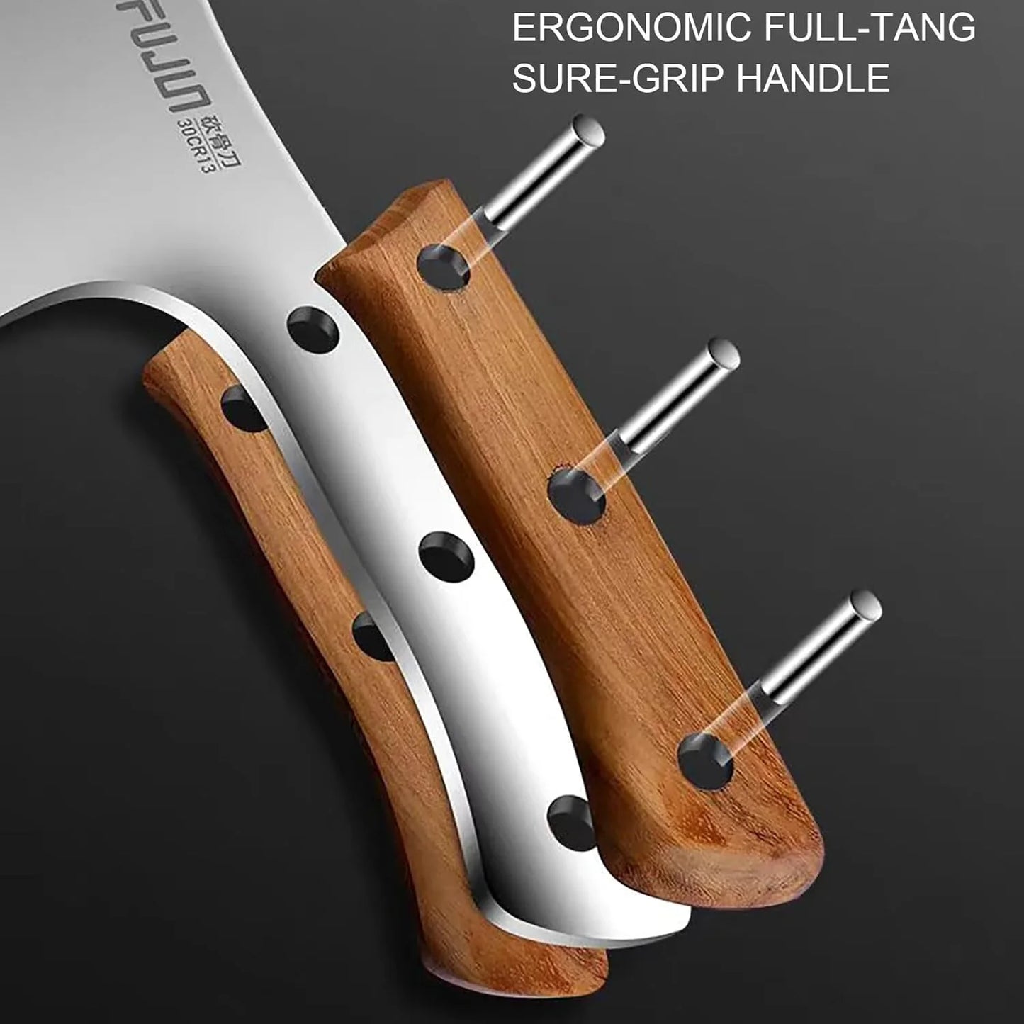 Close-up of meat cleaver with ergonomic full-tang wooden handle and stainless steel pins