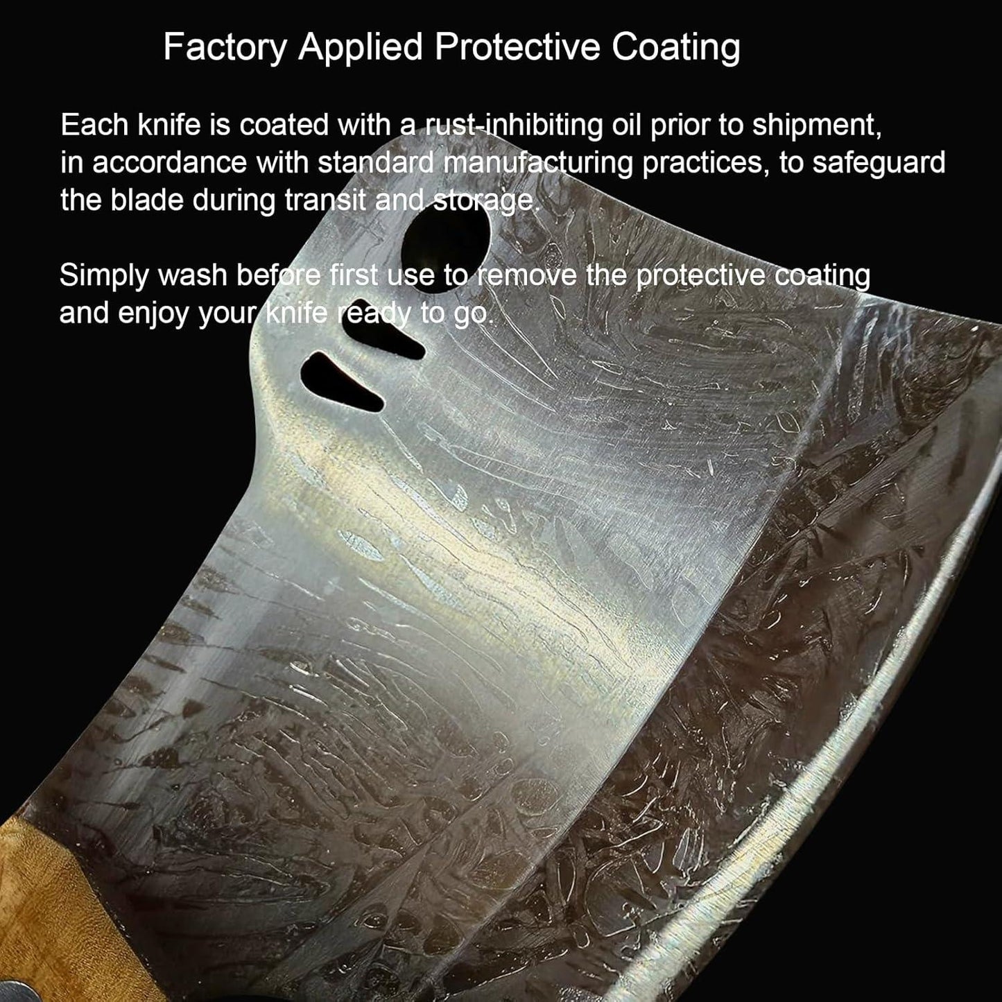 Close-up of a heavy-duty hand-forged meat cleaver knife with wooden handle on black