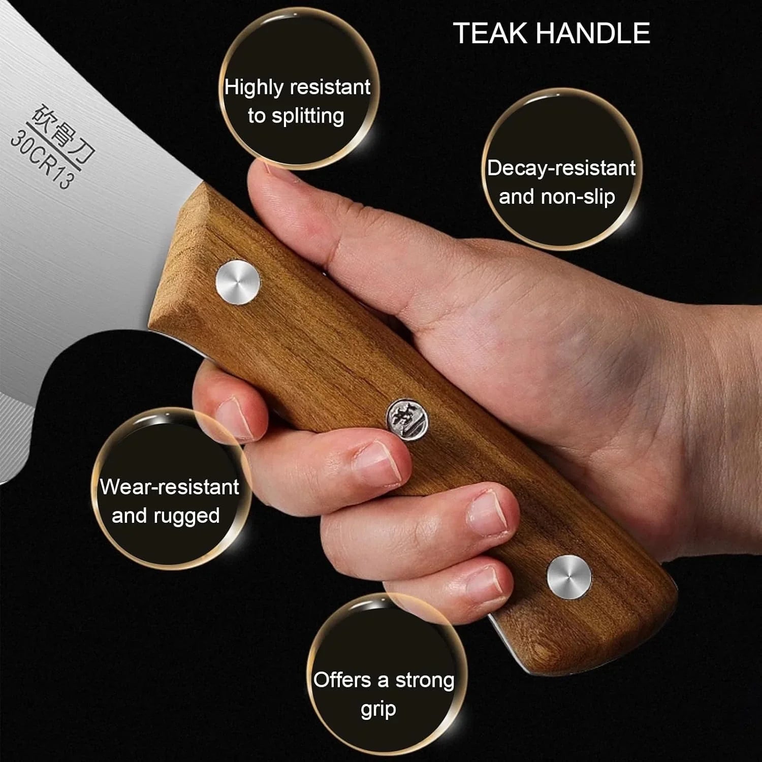 Hand holding a meat cleaver with a teak wood handle, highlighting durability and strong grip