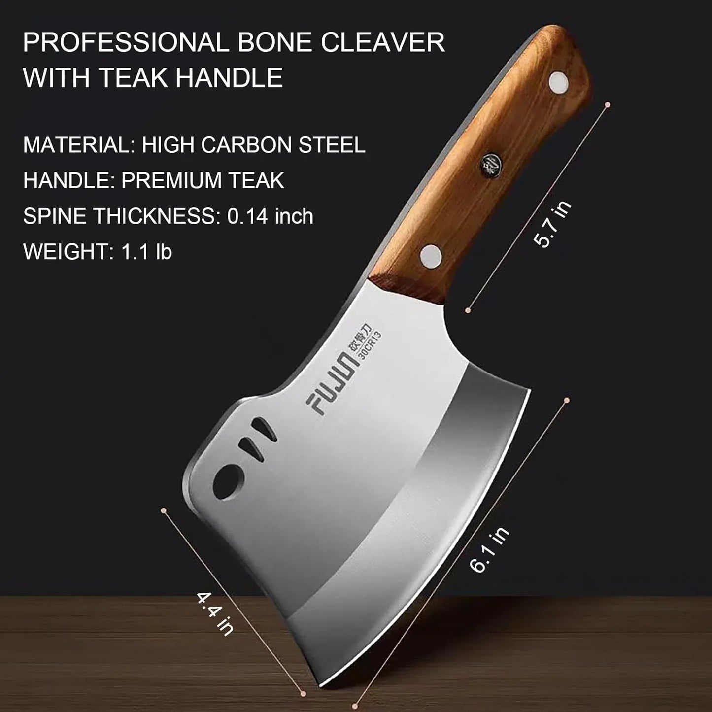Professional bone cleaver with high carbon steel blade and premium teak handle, 6.1 inch blade