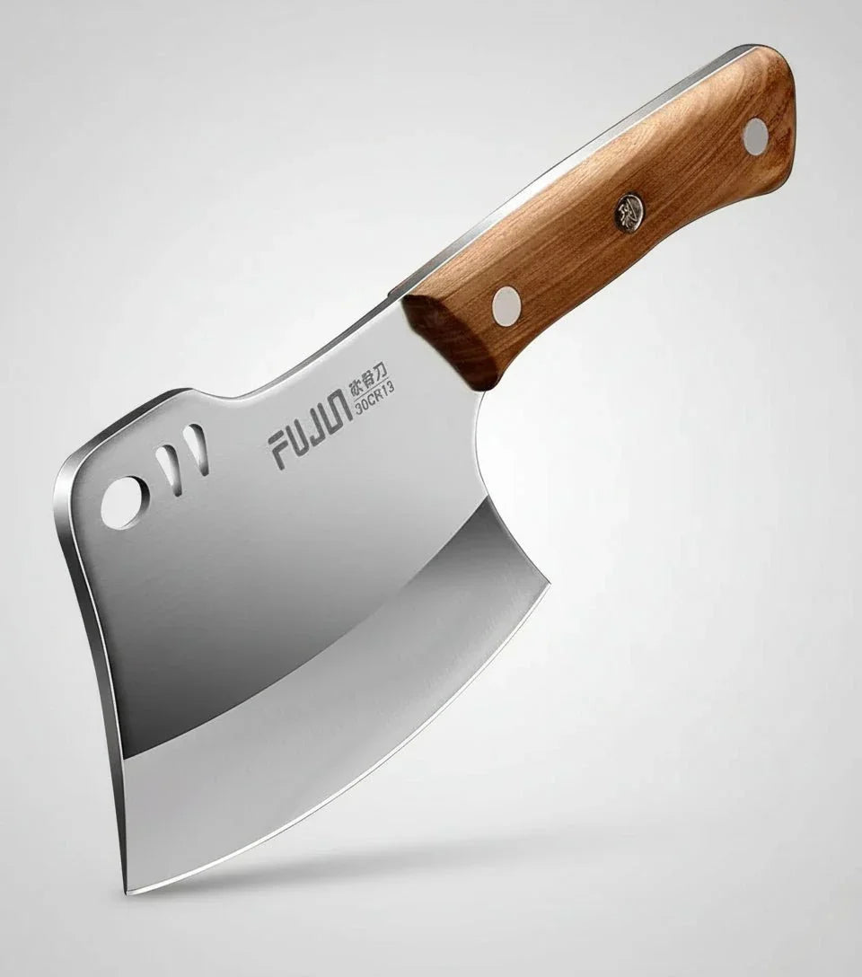 Heavy-duty forged meat cleaver with stainless steel blade and wooden handle