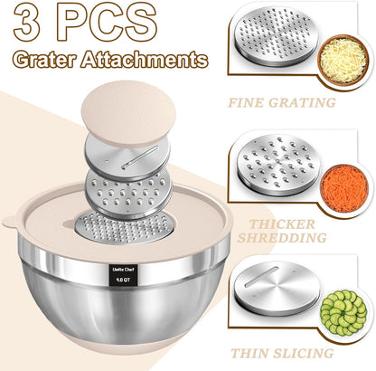 Mixing bowl with grater attachment slicing vegetables directly into the bowl.