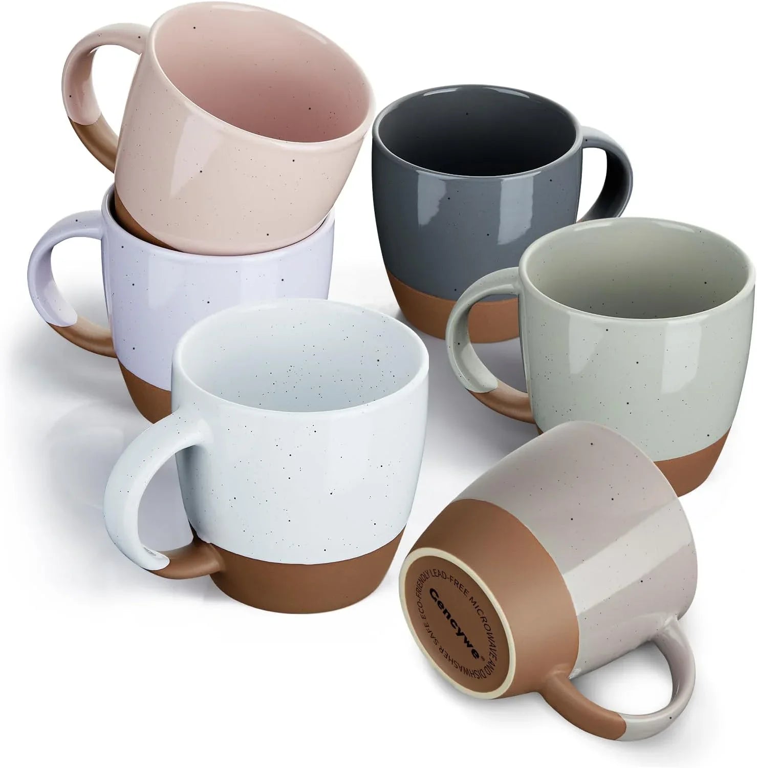 Set of six Morandi color ceramic coffee mugs with speckled design and brown base