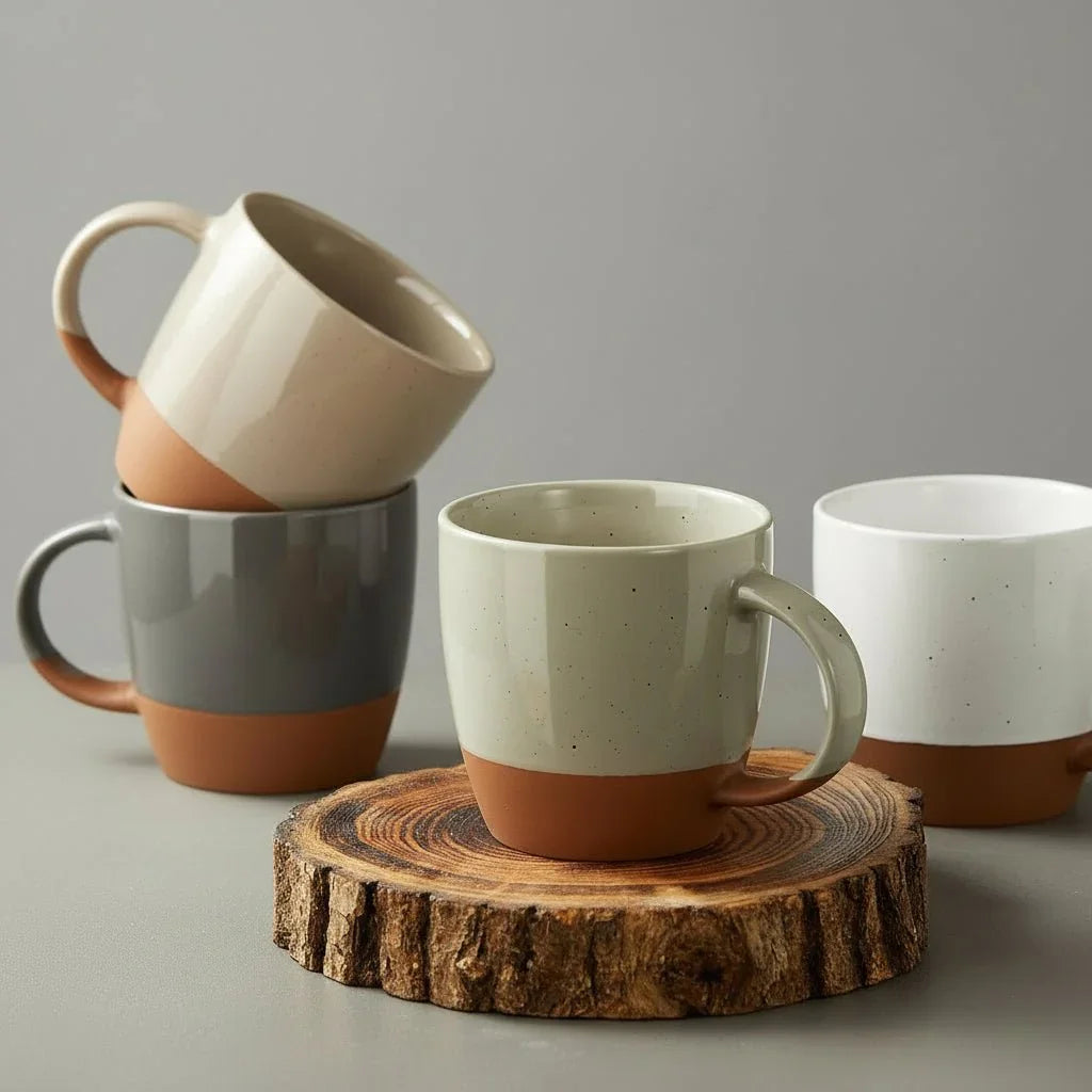 Set of six Morandi color ceramic coffee mugs with terracotta base on wood slice and gray background