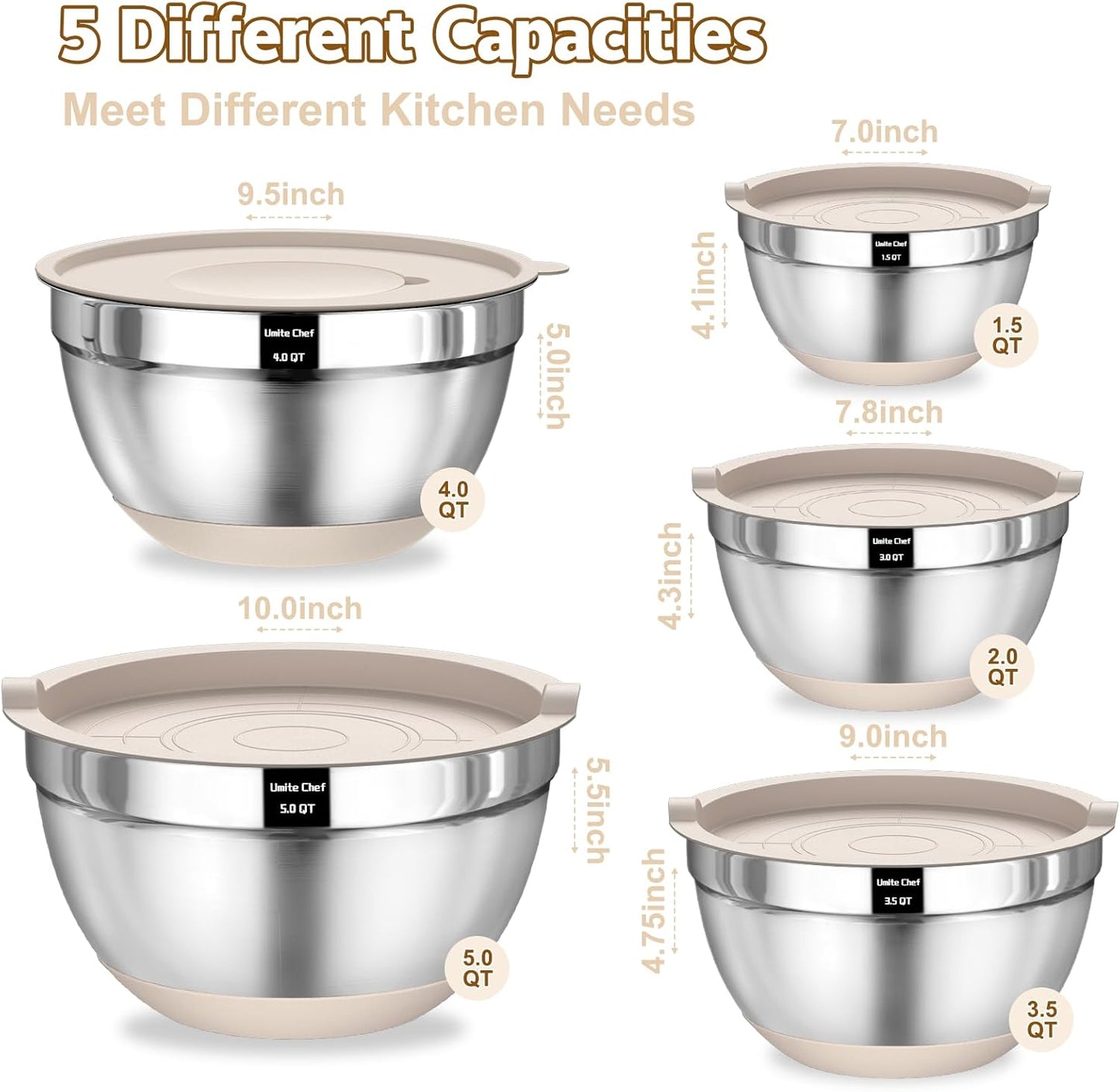Stainless steel mixing bowls with khaki non-slip bases stacked together in nesting design.