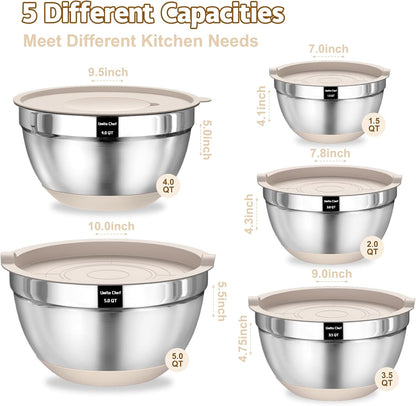 Stainless steel mixing bowls with khaki non-slip bases stacked together in nesting design.