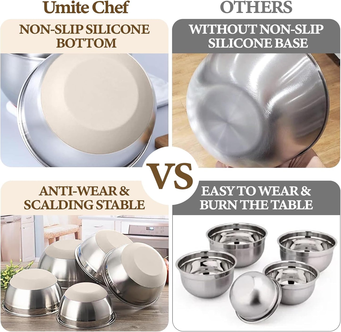 Stainless steel mixing bowl with khaki silicone bottom gripping a marble countertop.