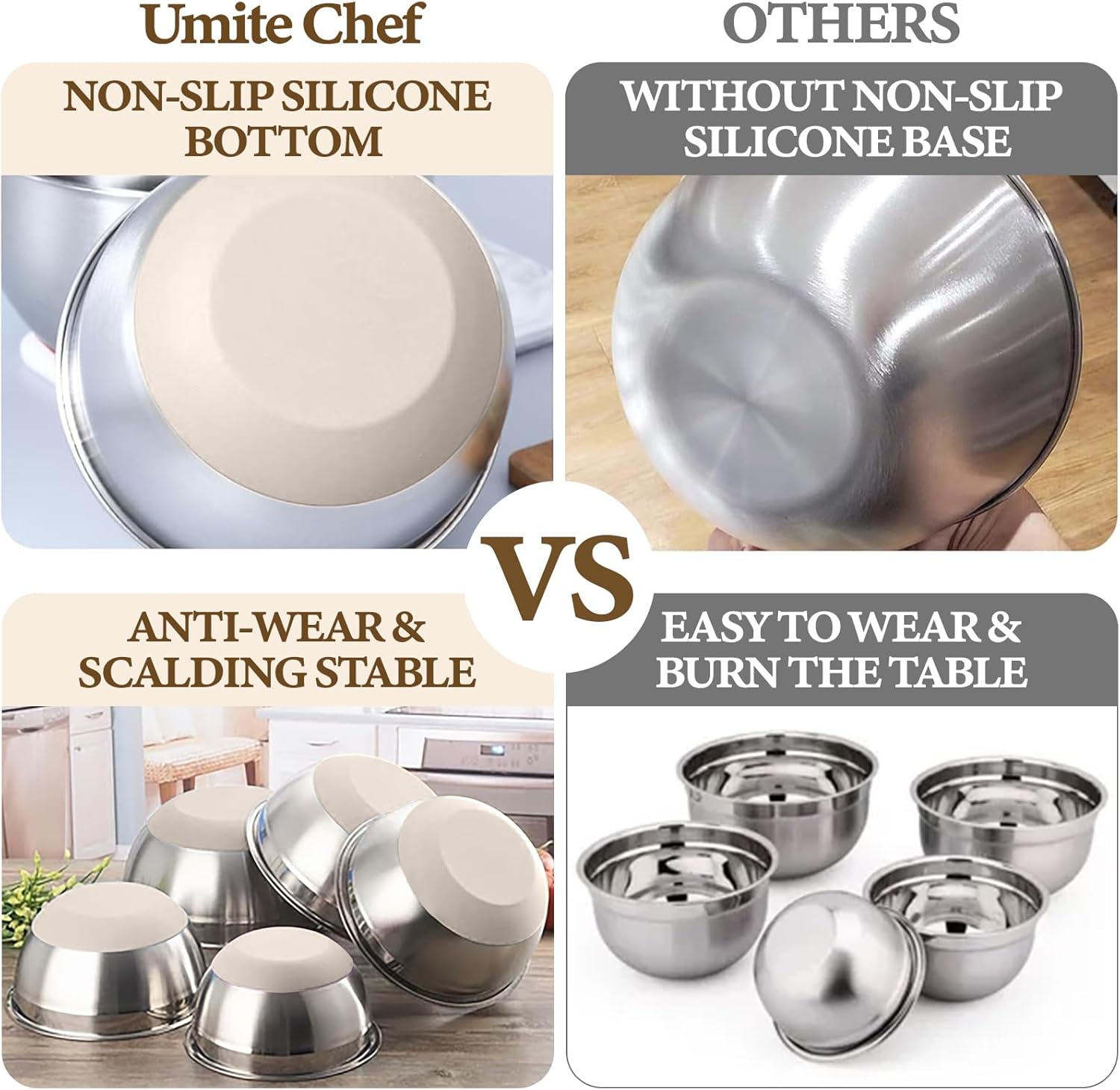 Stainless steel mixing bowl with khaki silicone bottom gripping a marble countertop.