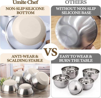 Stainless steel mixing bowl with khaki silicone bottom gripping a marble countertop.