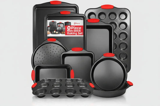 10-piece non-stick black baking pan set with red silicone handles including muffin, pizza, and sheet pans