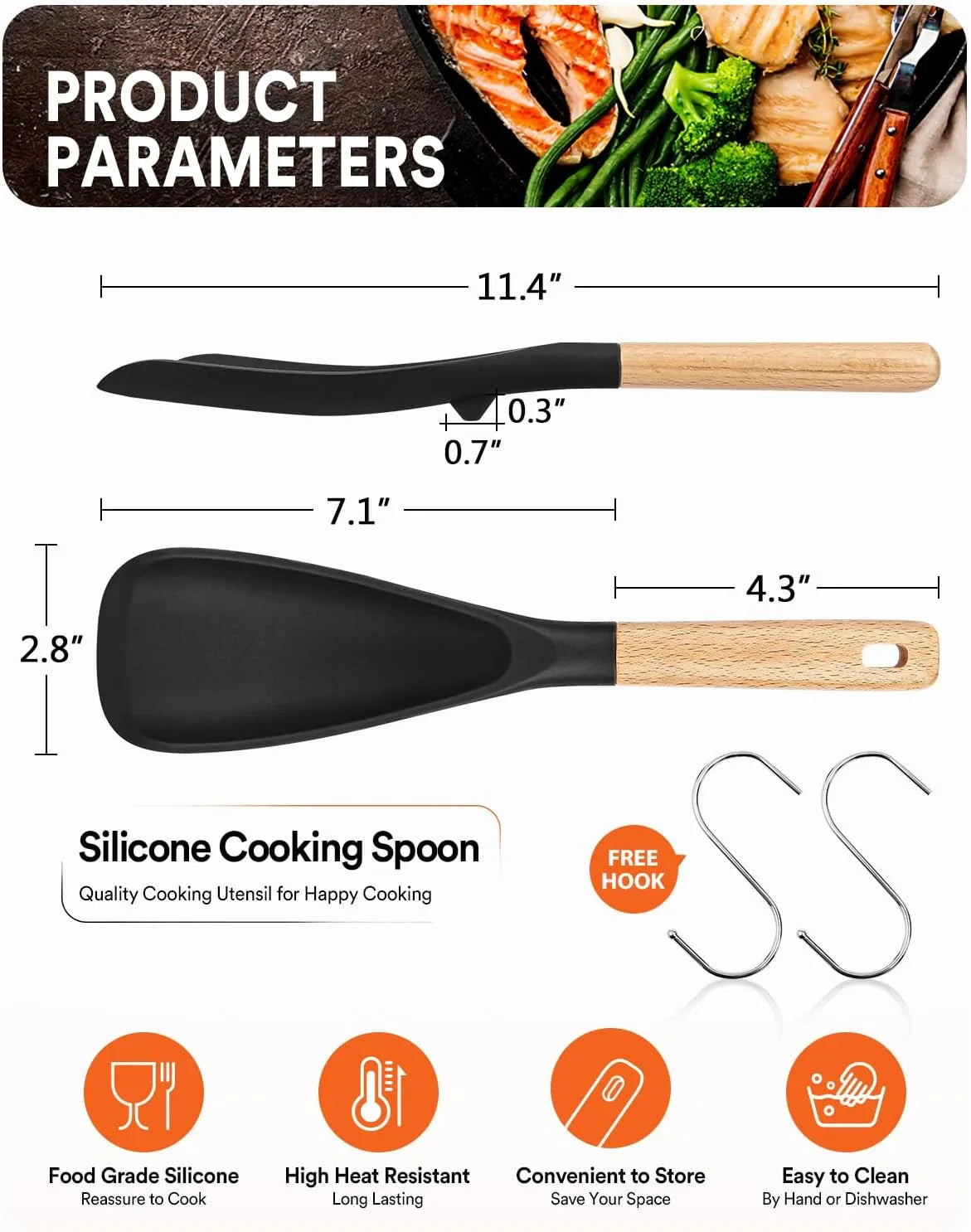 Silicone Cooking Spoon for Nonstick Cookware – Black & Grey, 11.4 inch
