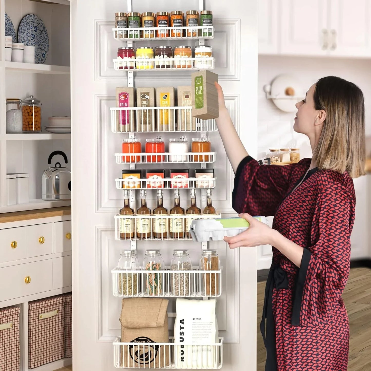 White Over-the-Door Pantry Organizer, 8-Tier Basket Rack