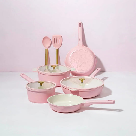 Pink Ceramic Nonstick Cookware Set with Heart Knobs, 10Pc