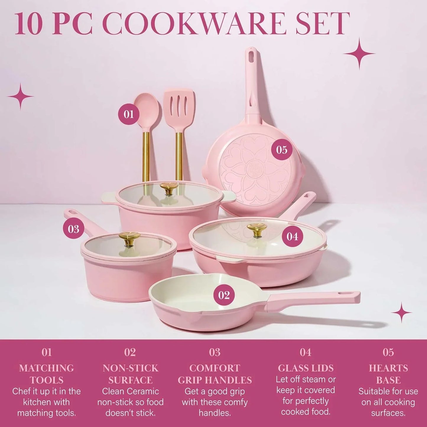 Pink Ceramic Nonstick Cookware Set with Heart Knobs, 10Pc