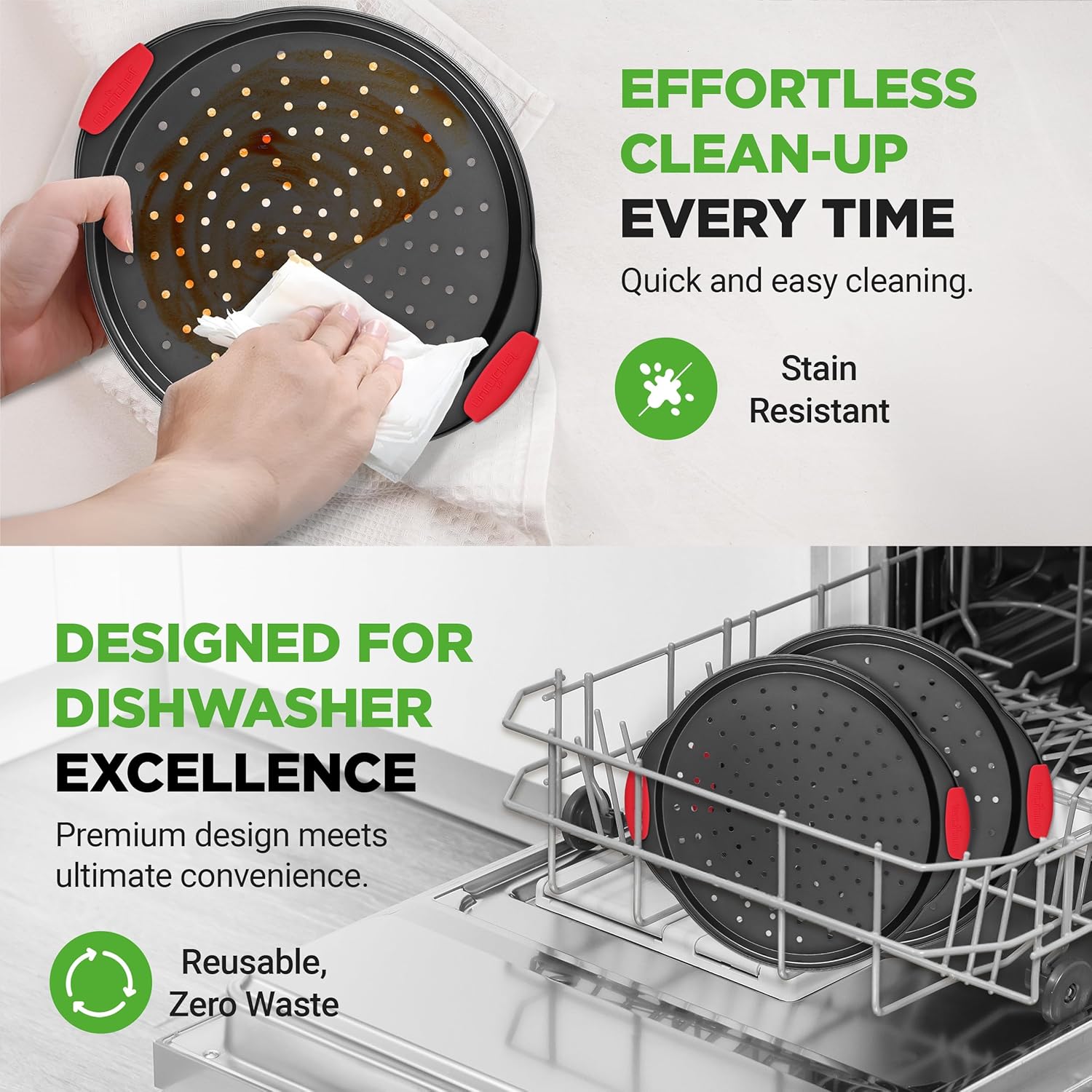 Two nonstick pizza pans each holding a different homemade pizza.