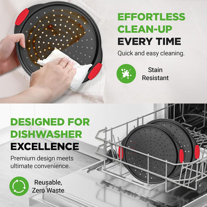 Two nonstick pizza pans each holding a different homemade pizza.