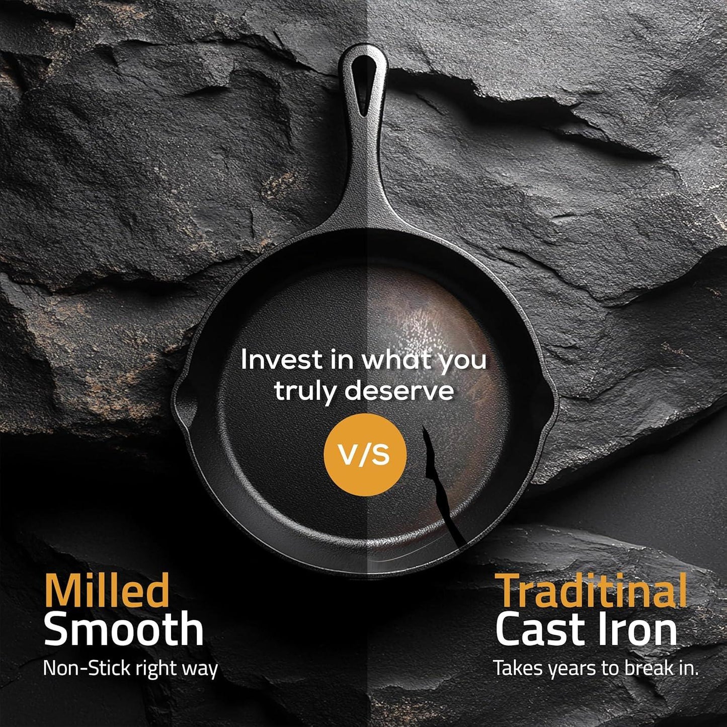 Cast iron skillet half smooth milled surface versus traditional rough surface on dark stone background