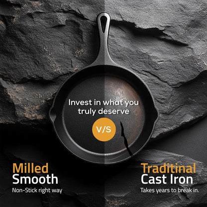 Cast iron skillet half smooth milled surface versus traditional rough surface on dark stone background