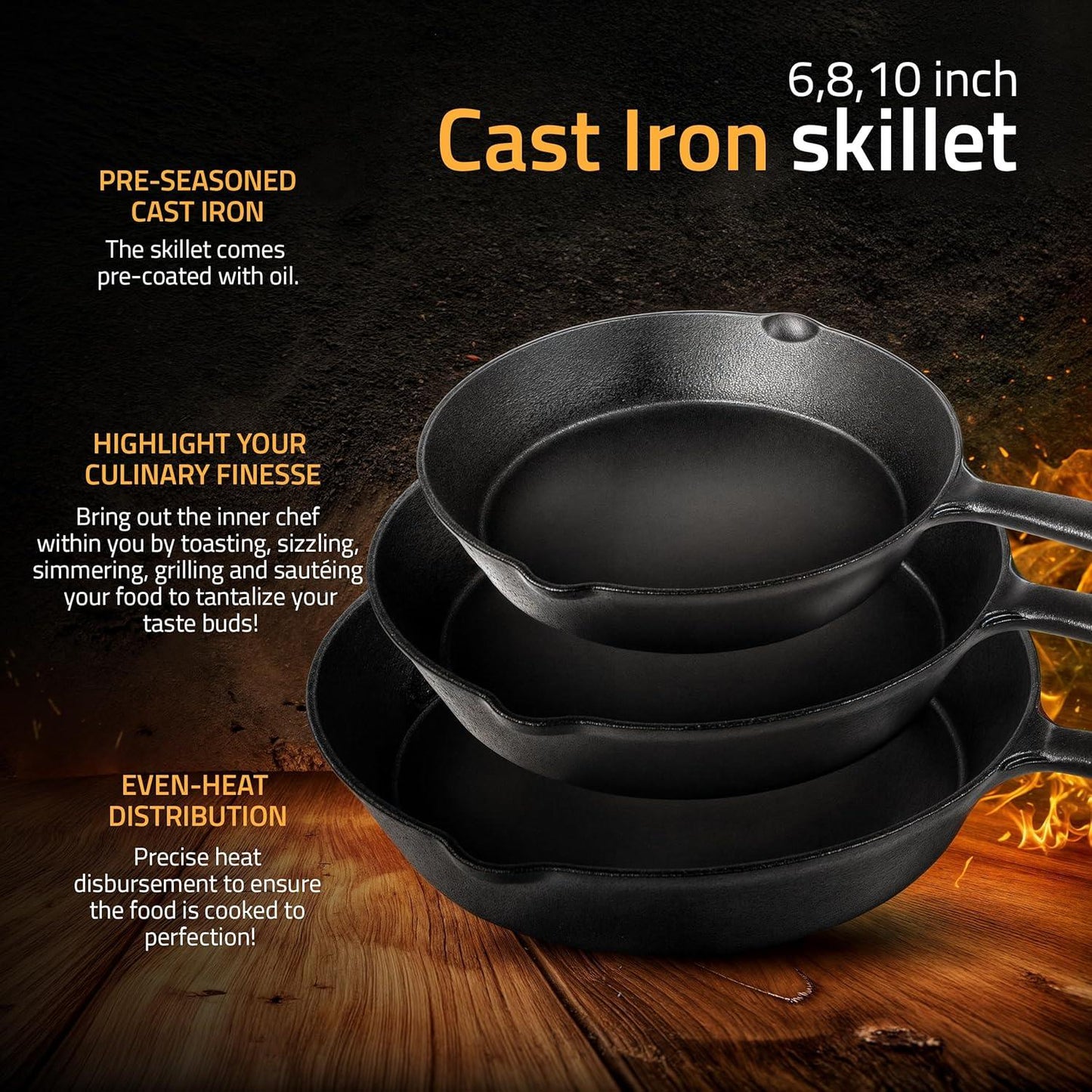 Set of three pre-seasoned cast iron skillets in 6, 8, and 10 inches stacked on wooden surface with fire background
