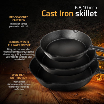 Set of three pre-seasoned cast iron skillets in 6, 8, and 10 inches stacked on wooden surface with fire background