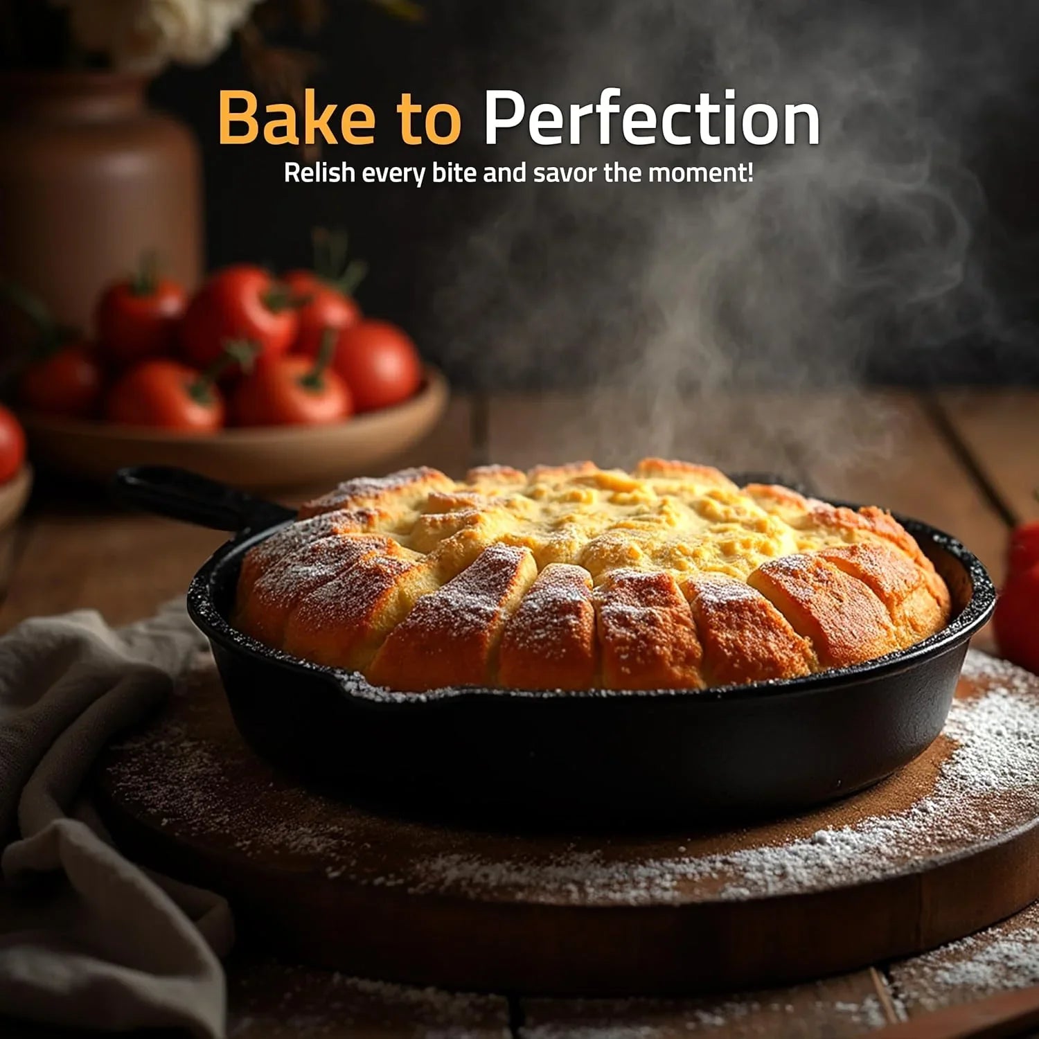 Freshly baked golden bread in a cast iron skillet with steam rising, rustic kitchen setting