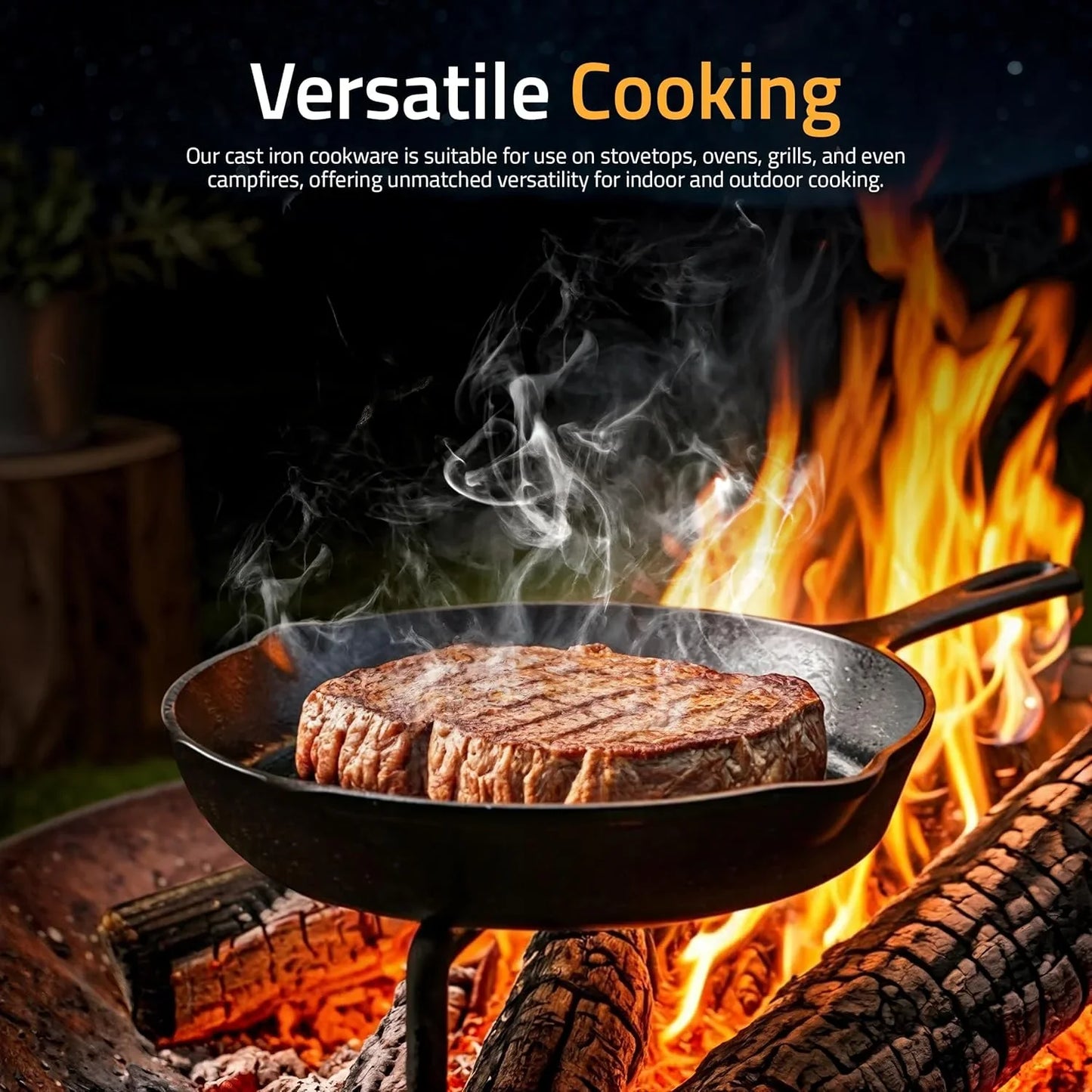 Cast iron skillet cooking steak over open campfire flames with smoke rising, showcasing versatile outdoor cookware