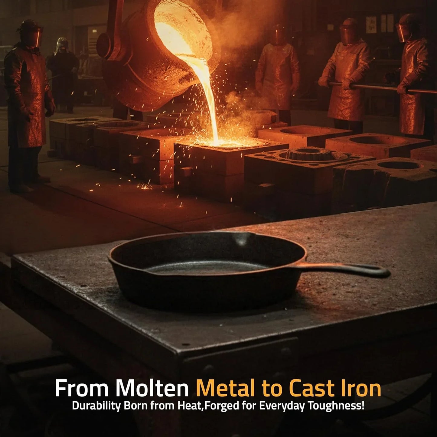 Cast iron skillet on table with workers pouring molten metal in foundry background