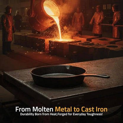 Cast iron skillet on table with workers pouring molten metal in foundry background