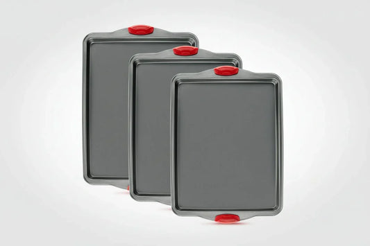 Set of three premium nonstick heavy gauge steel baking sheet pans with red handles
