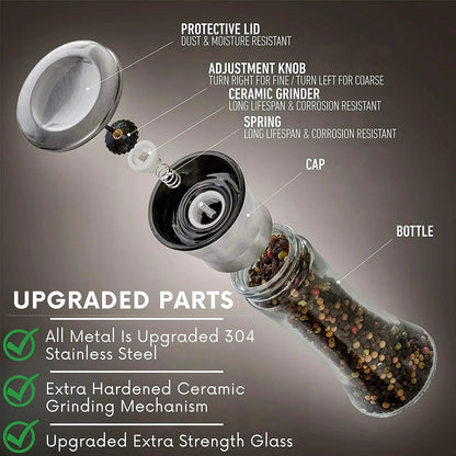 Exploded view of stainless steel salt and pepper grinder showing protective lid, adjustment knob, ceramic grinder, spring, cap, and glass bottle