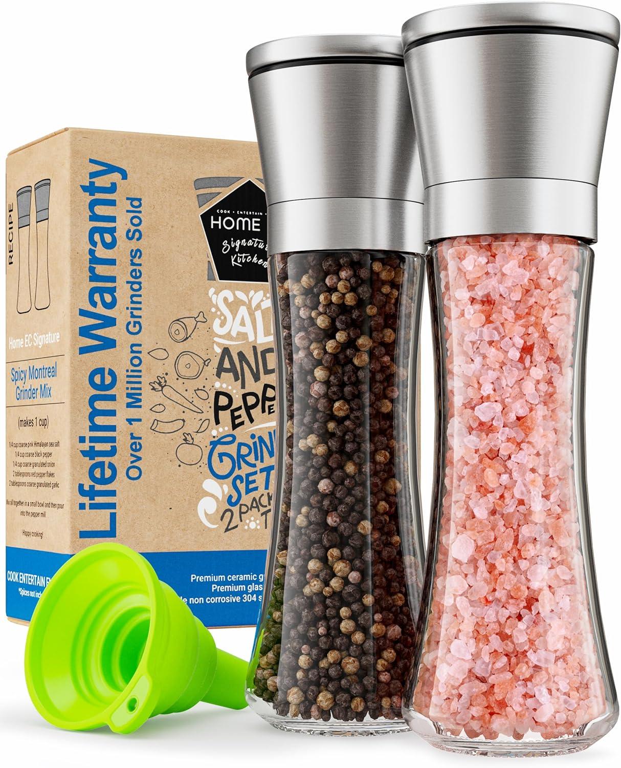Premium stainless steel salt and pepper grinder set with adjustable ceramic mills, includes funnel and warranty box