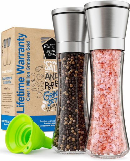 Premium stainless steel salt and pepper grinder set with adjustable ceramic mills, includes funnel and warranty box