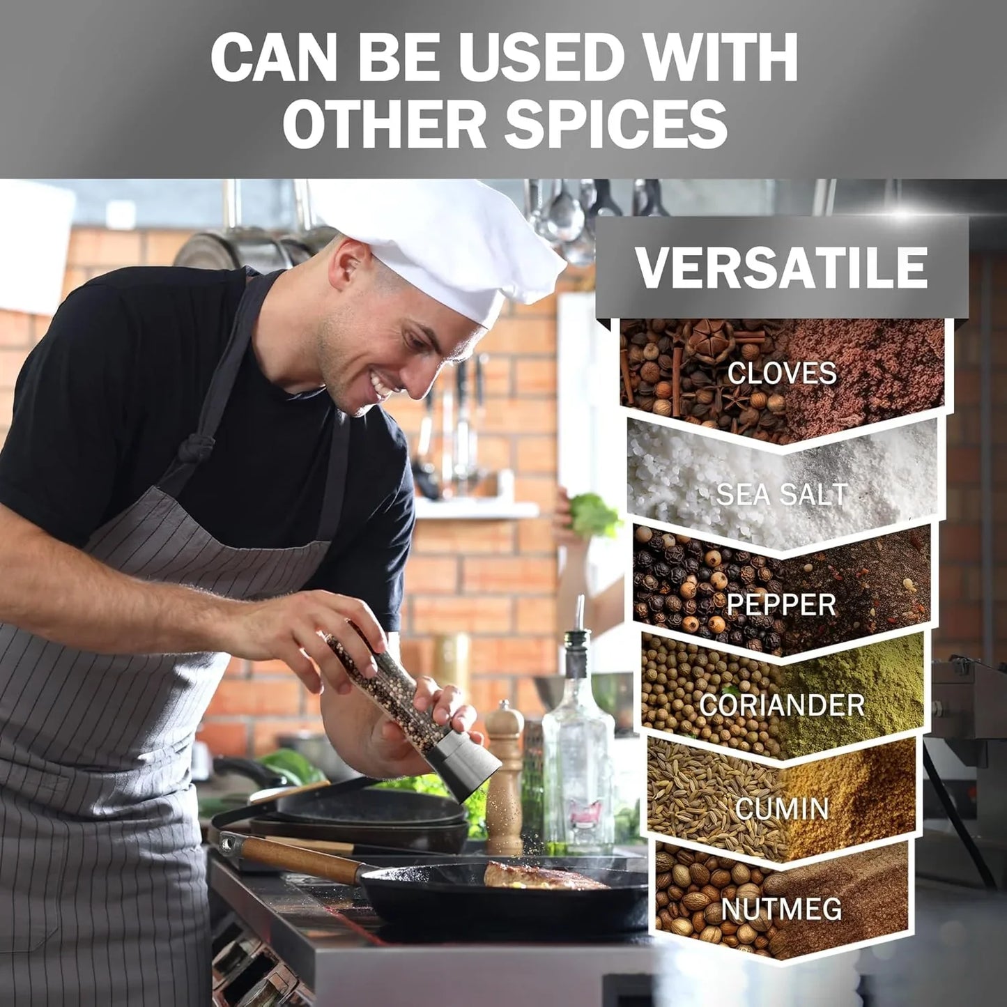 Chef seasoning steak in kitchen with adjustable pepper grinder, versatile for various spices