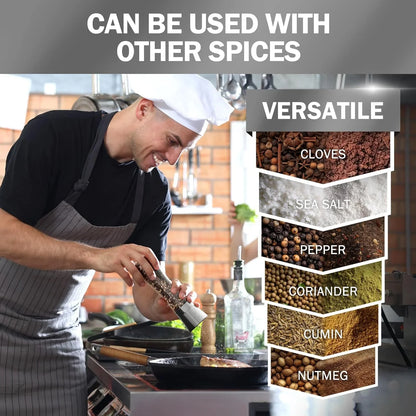 Chef seasoning steak in kitchen with adjustable pepper grinder, versatile for various spices