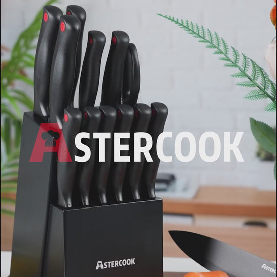 Astercook knife set with black handles and block on a white background