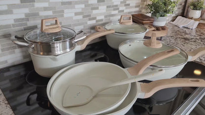 21-Piece White Granite Nonstick Pots and Pans Set for Induction