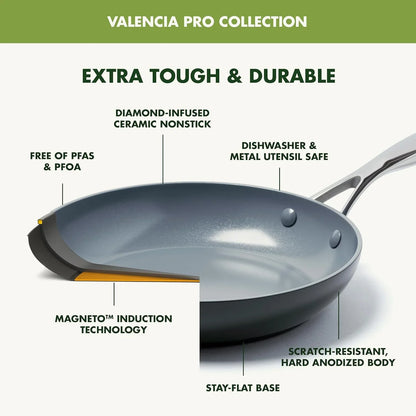 Valencia Pro Collection nonstick frying pan with diamond-infused ceramic coating, scratch-resistant anodized body, and induction technology