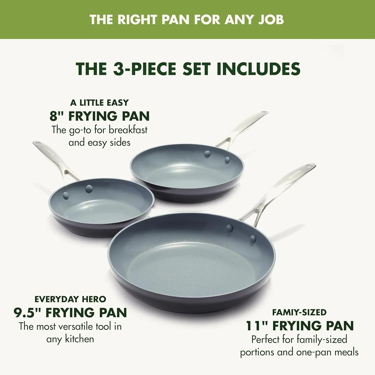 Set of three nonstick ceramic frying pans with metal handles in 8", 9.5", and 11" sizes