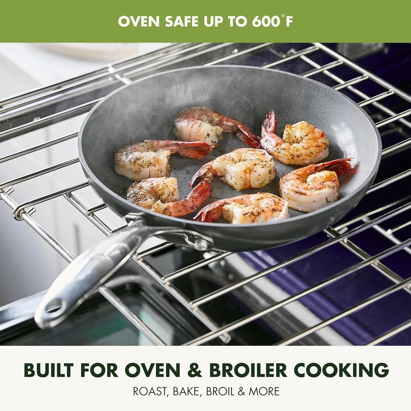 Nonstick fry pan cooking seasoned shrimp in oven, showcasing oven-safe skillet up to 600°F