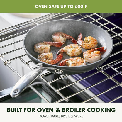 Nonstick fry pan cooking seasoned shrimp in oven, showcasing oven-safe skillet up to 600°F