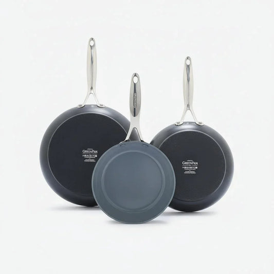 Set of three GreenPan pro hard anodized ceramic nonstick frying pans with stainless steel handles
