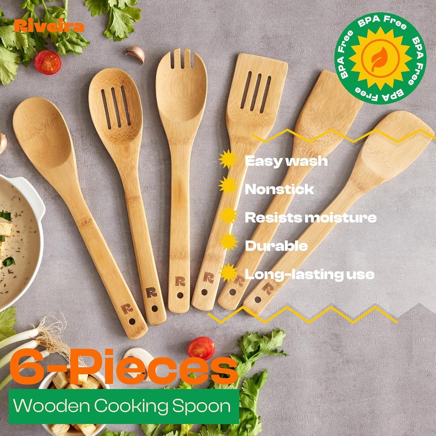 Bamboo Cooking Spoons 6-Piece Wooden Utensil Set