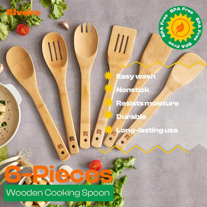 Bamboo Cooking Spoons 6-Piece Wooden Utensil Set