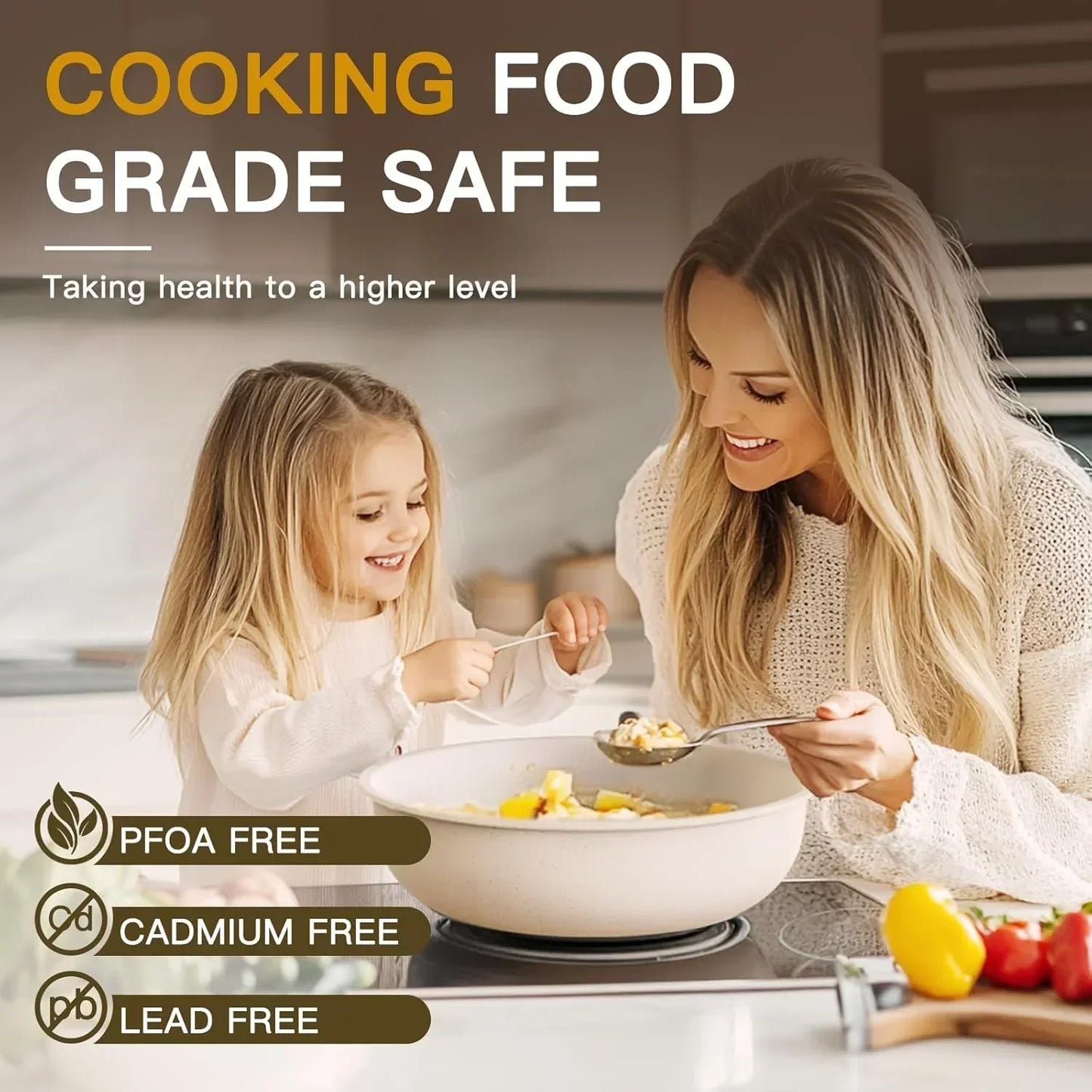 Mother and daughter cooking healthy food in nonstick pot, PFOA free, kitchen setting