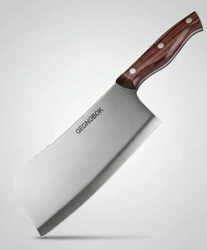 Professional meat cleaver knife with 7-inch stainless steel blade and wooden handle on gray background