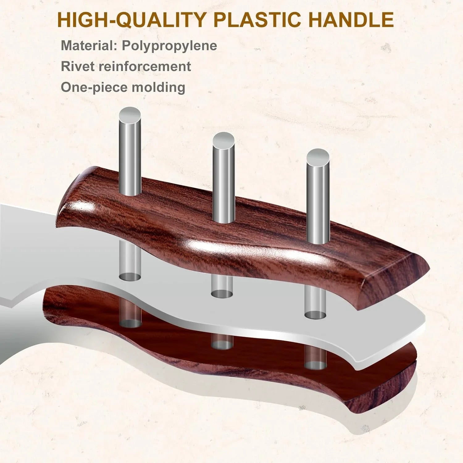 Illustration of meat cleaver knife handle construction with rivet reinforcement and polypropylene material