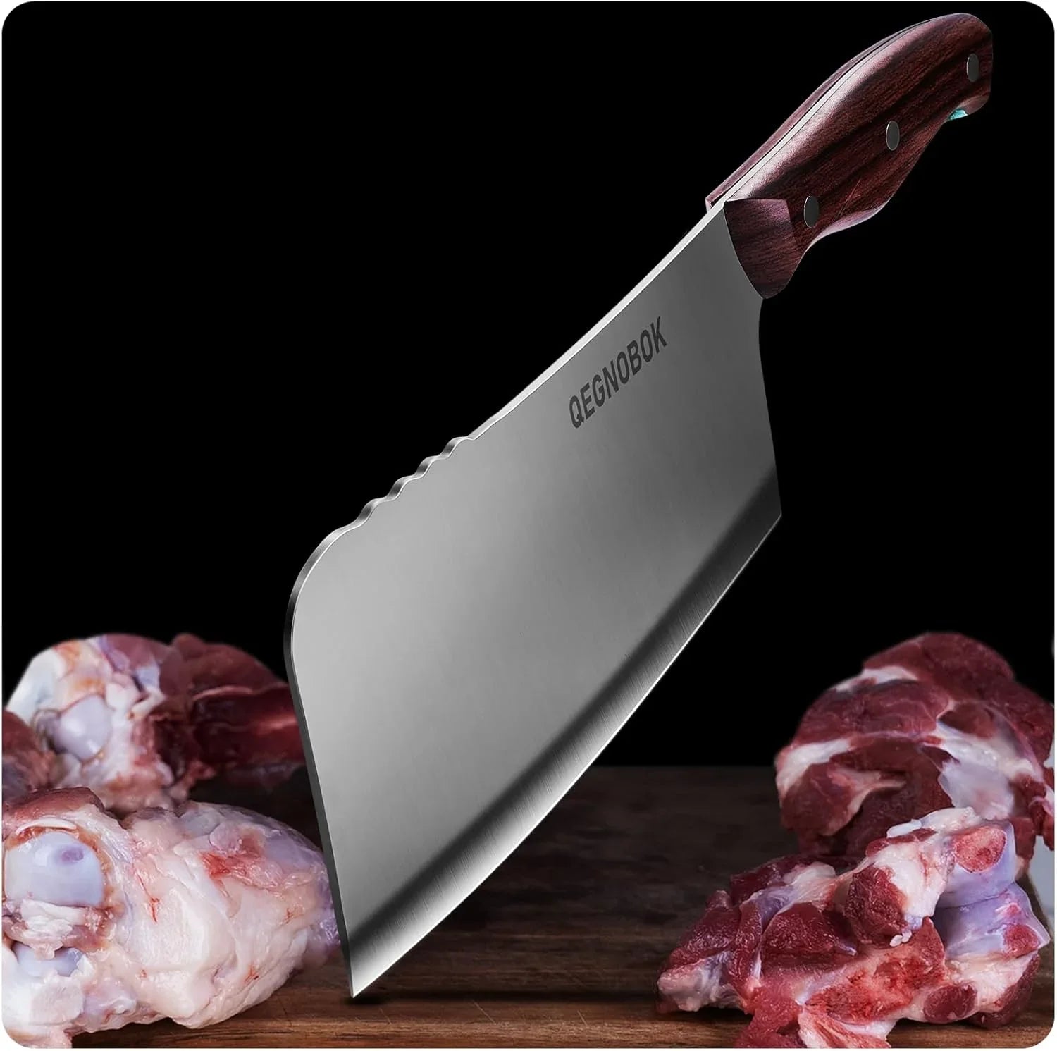 Professional 7-inch heavy-duty meat cleaver with wooden handle chopping raw meat on wooden board