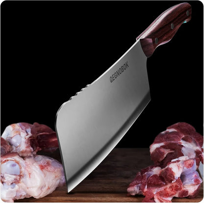 Professional 7-inch heavy-duty meat cleaver with wooden handle chopping raw meat on wooden board